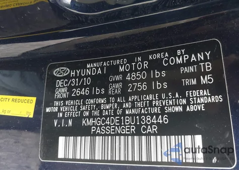 2011 Hyundai Genesis 3.8 из США, поврежденный, VIN KMHGC4DE1BU138446